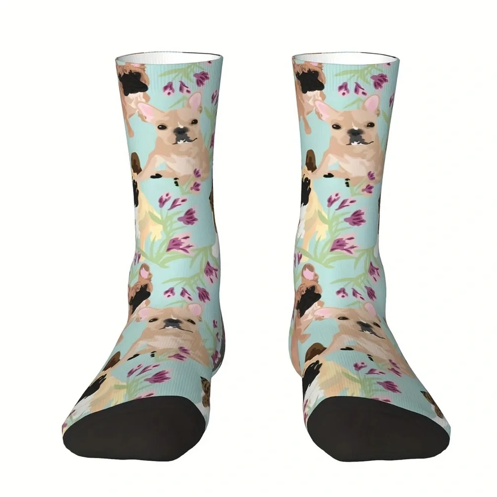 French Bulldog Dog and Floral Print Crew Socks - Unisex